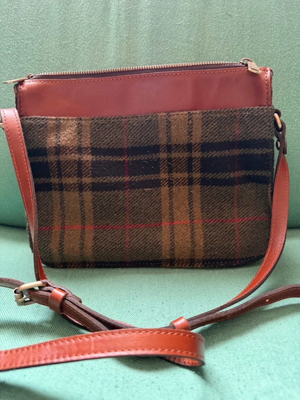 Patricia Nash Brown Plaid Wool & Chestnut Leather Messenger Bag